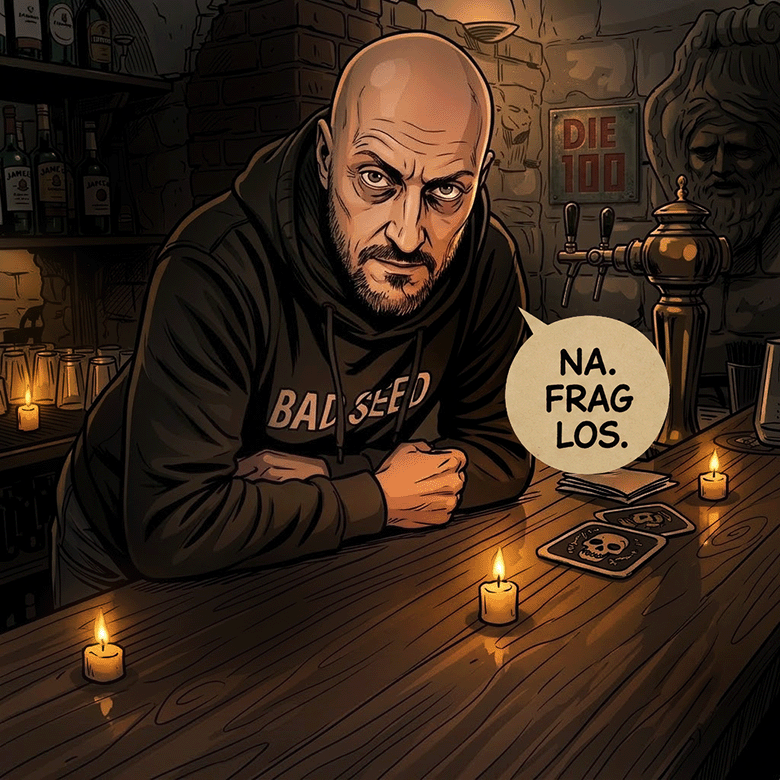 Comic-Illustration von Lars hinter dem Tresen